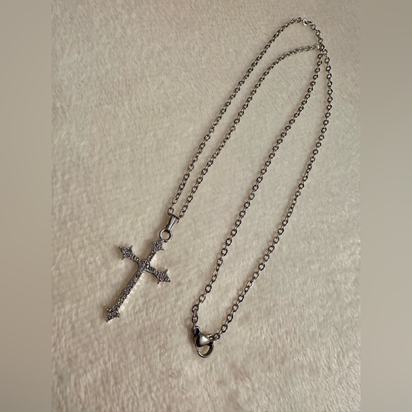 Silver Tone Crystal Cross Pendant Necklace & Drop Dangle Earrings Set - Picture 9 of 11